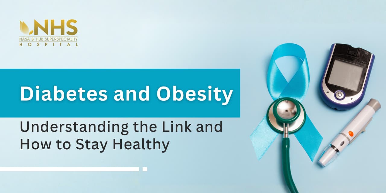 NHS Hospital patient-education poster showing a glucometer, on how obesity and diabetes are connected