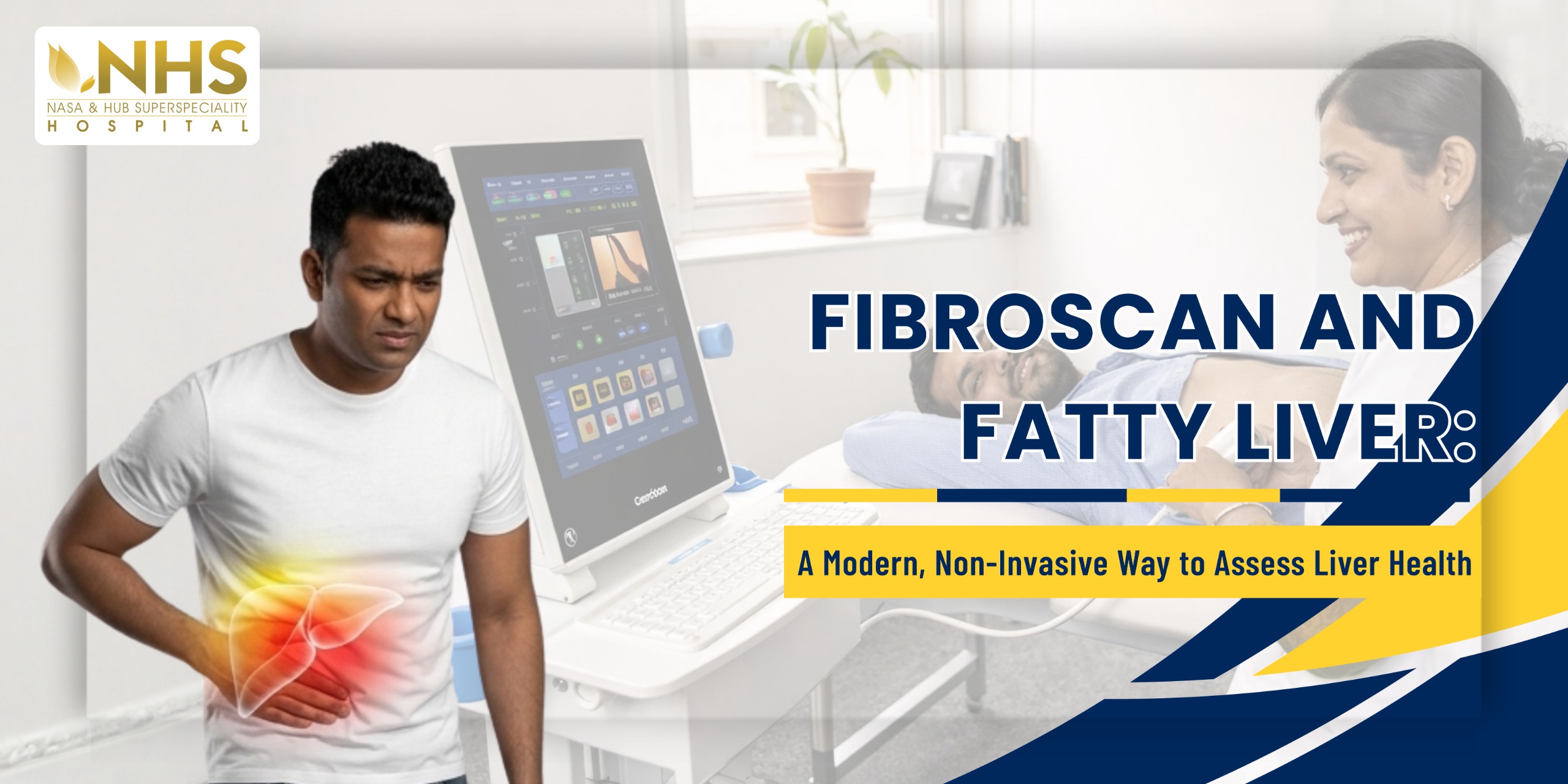NHS Hospital patient-education poster explaining how FibroScan checks liver health without a biopsy