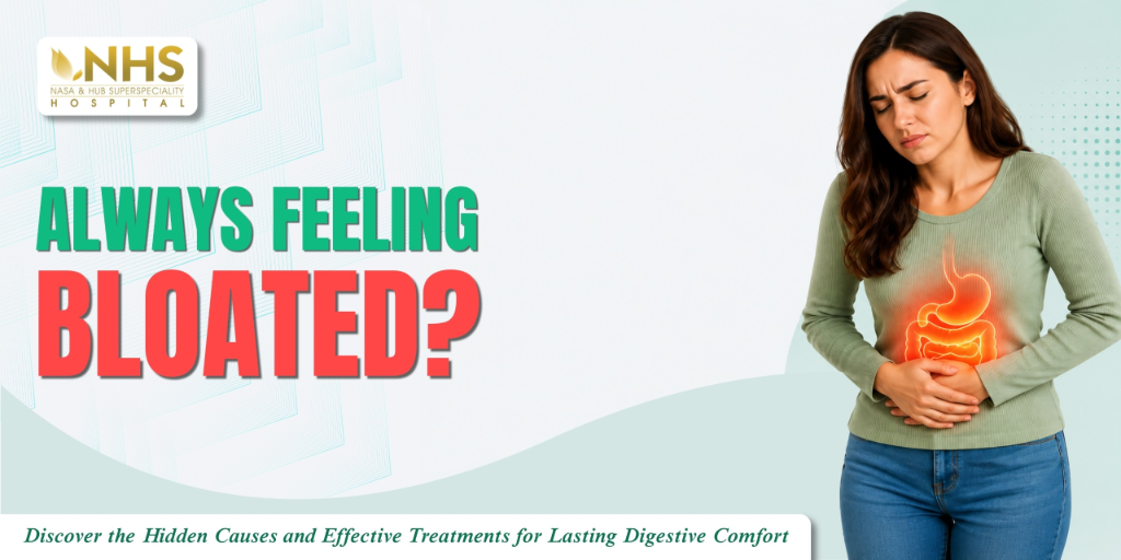 NHS Hospital patient-education poster on what lies behind constant bloating and how it is treated