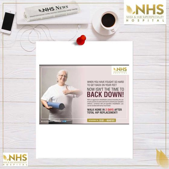 NHS campaign creative reading Walk home in 2 days after total hip replacement